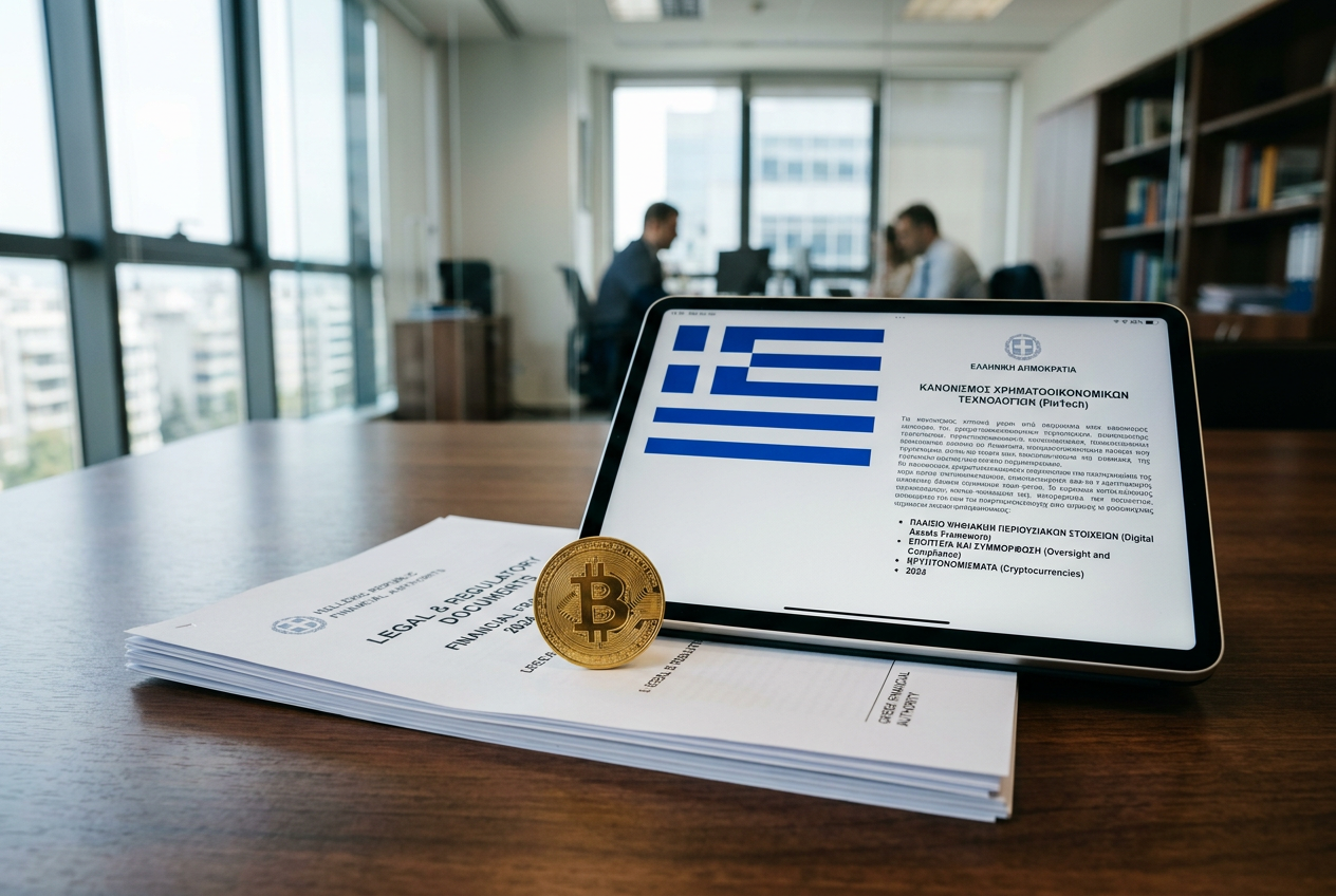 Ένα φυσικό νόμισμα Bitcoin δίπλα σε έγγραφα που συμβολίζουν τη νομοθεσία στην Ελλάδα.