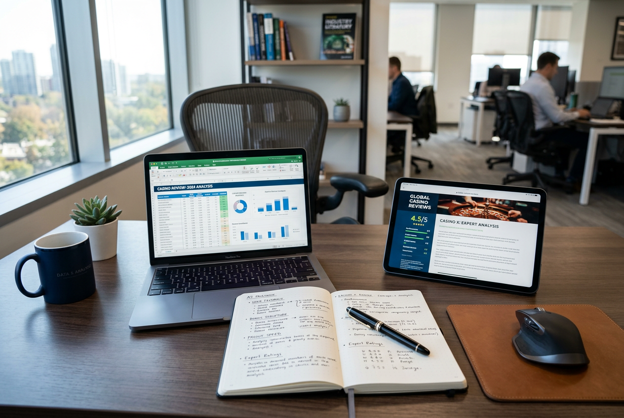 An expert analyst's desk with a laptop and review notes.