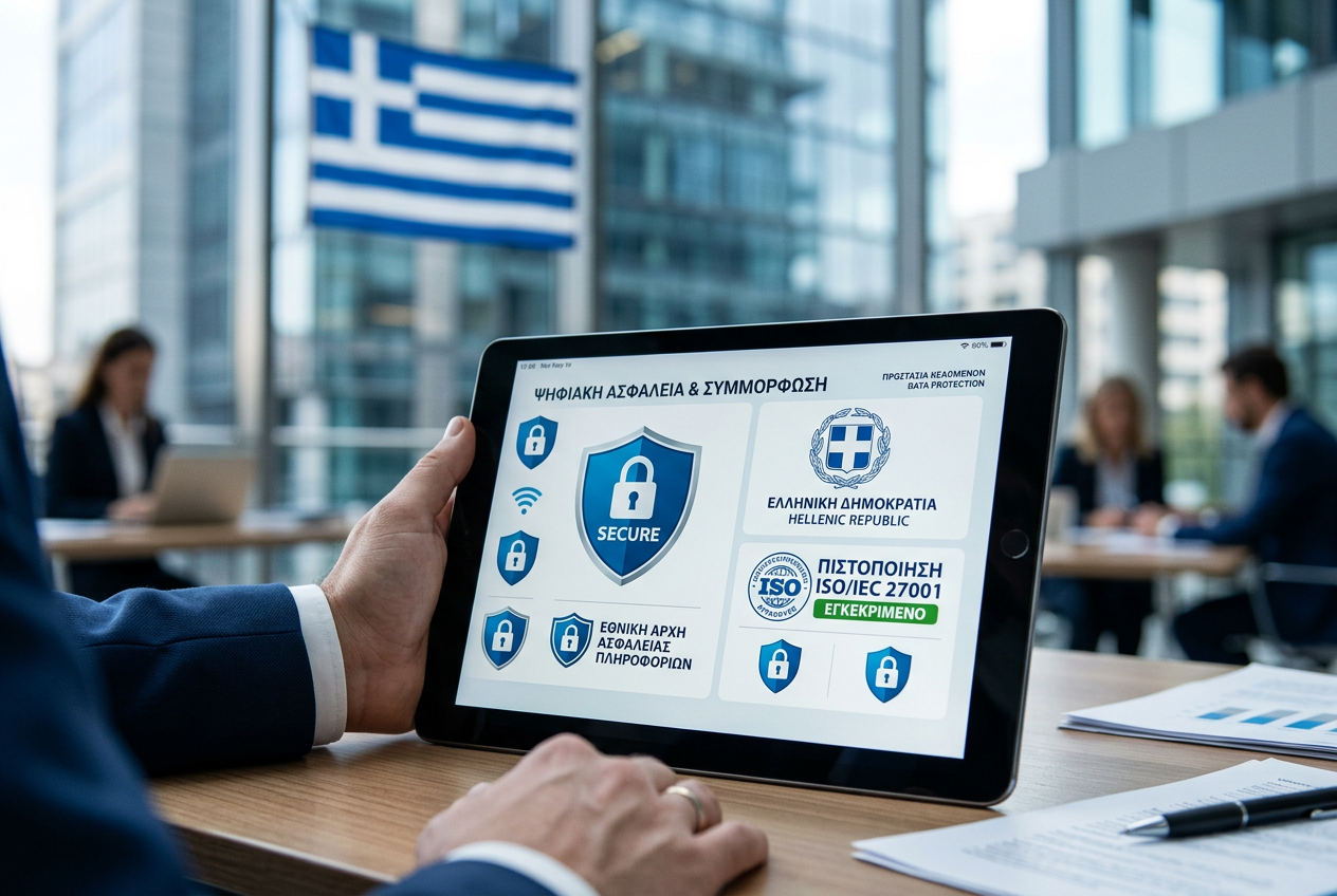 Digital security icons and Greek flags representing regulated online gambling.