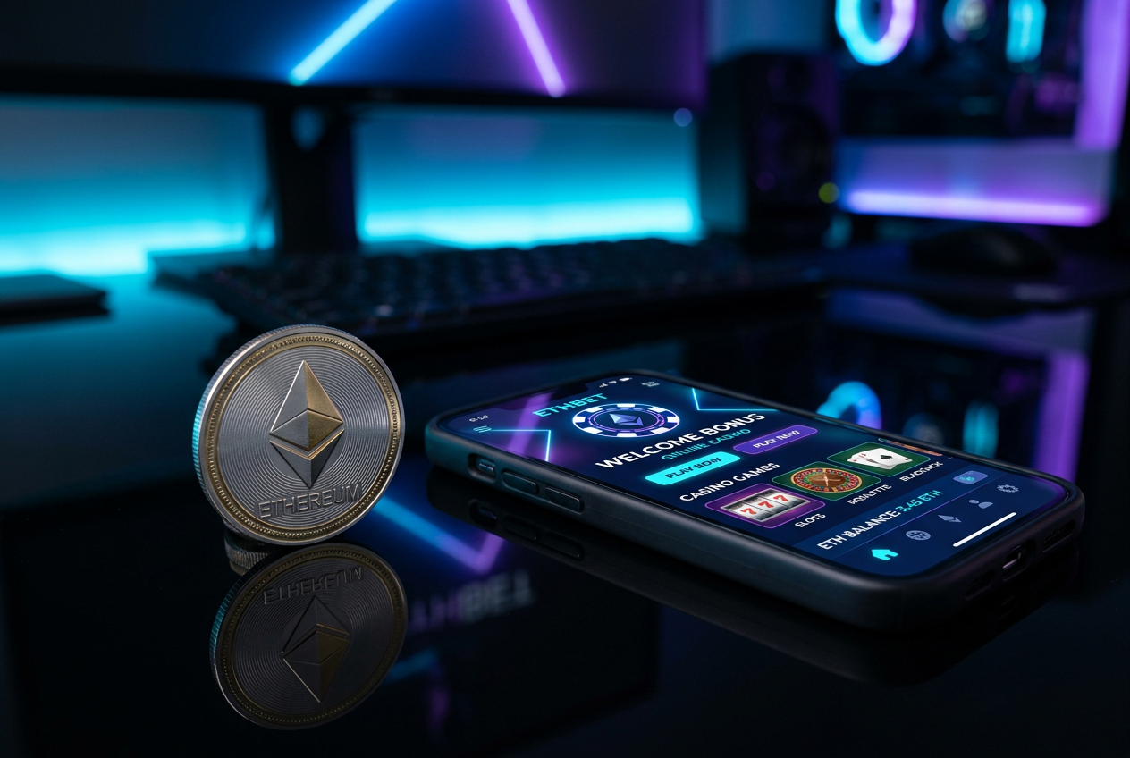 A digital Ethereum coin next to a premium smartphone displaying a casino interface.