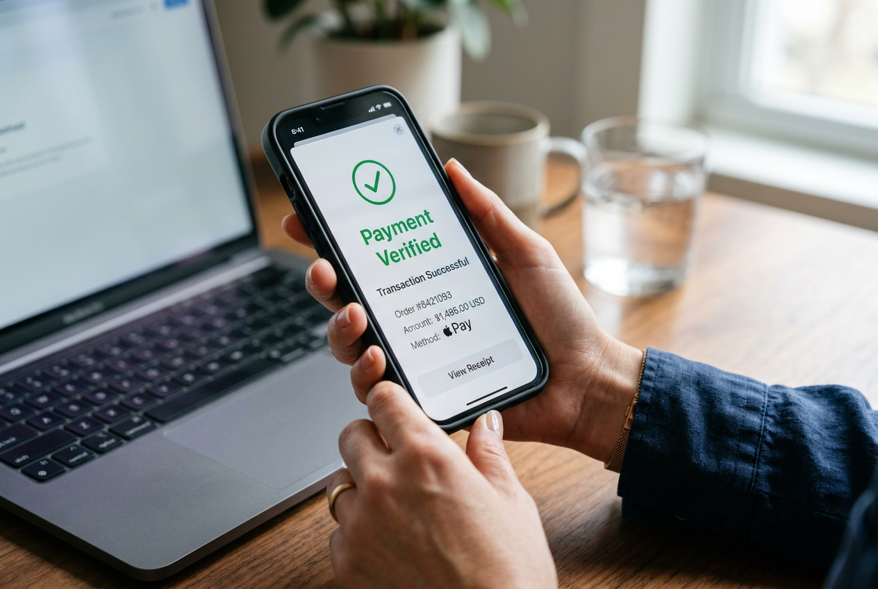 Close-up of a mobile payment verification process