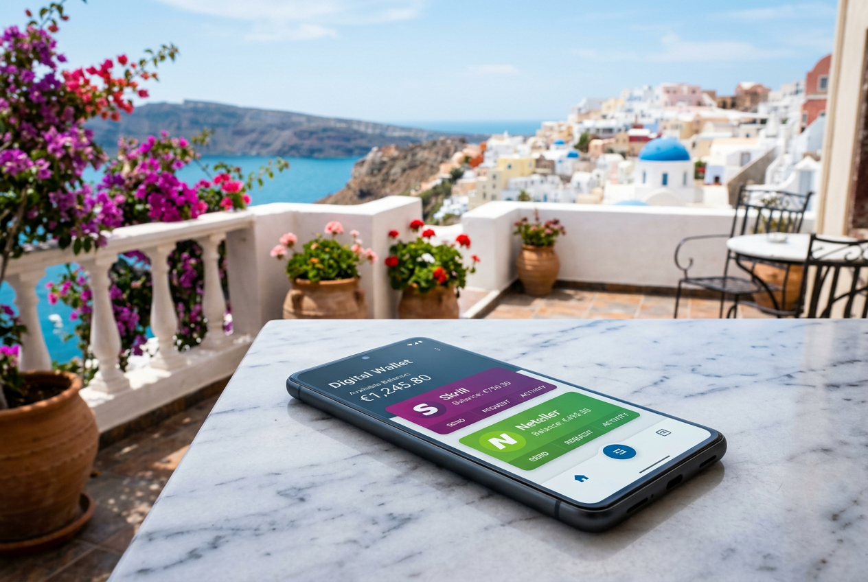 Digital wallet application on a smartphone in a Greek setting