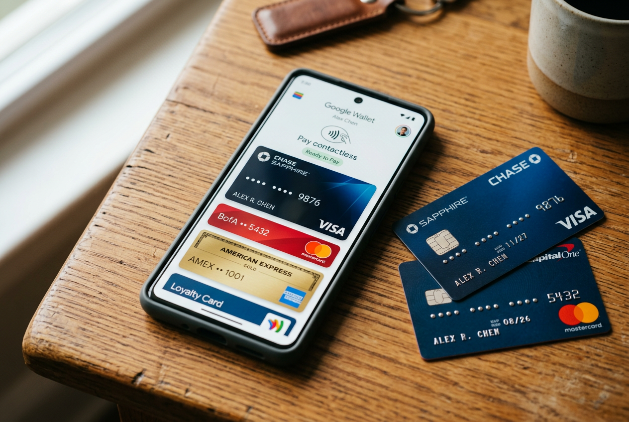 Digital wallet on a smartphone next to physical credit cards