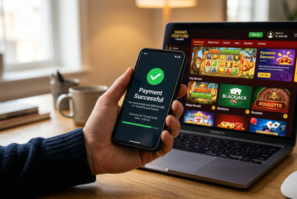 A high-quality close-up of a smartphone processing a secure digital payment to an online casino.